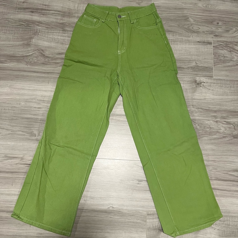 Green Wide Leg Jeans White Stitching
